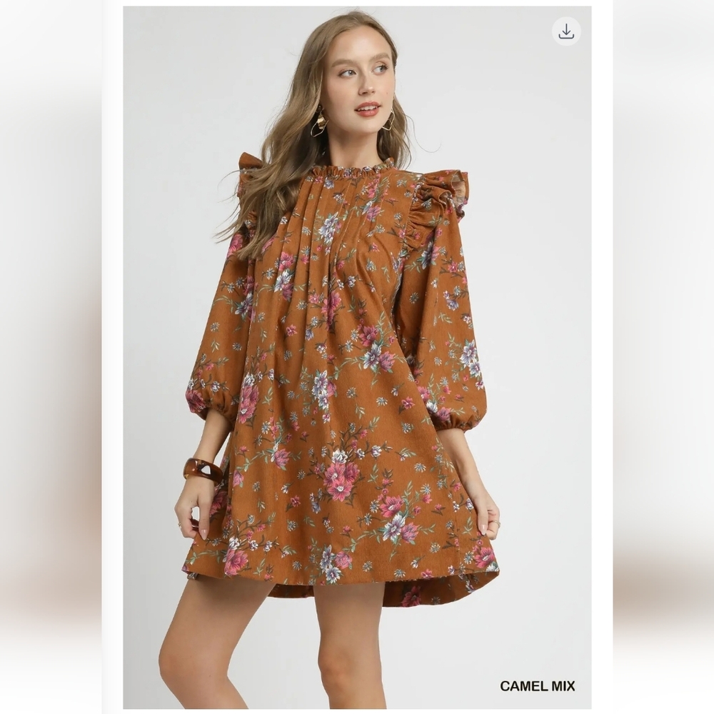 Umgee Camel Mix Floral Midi Dress